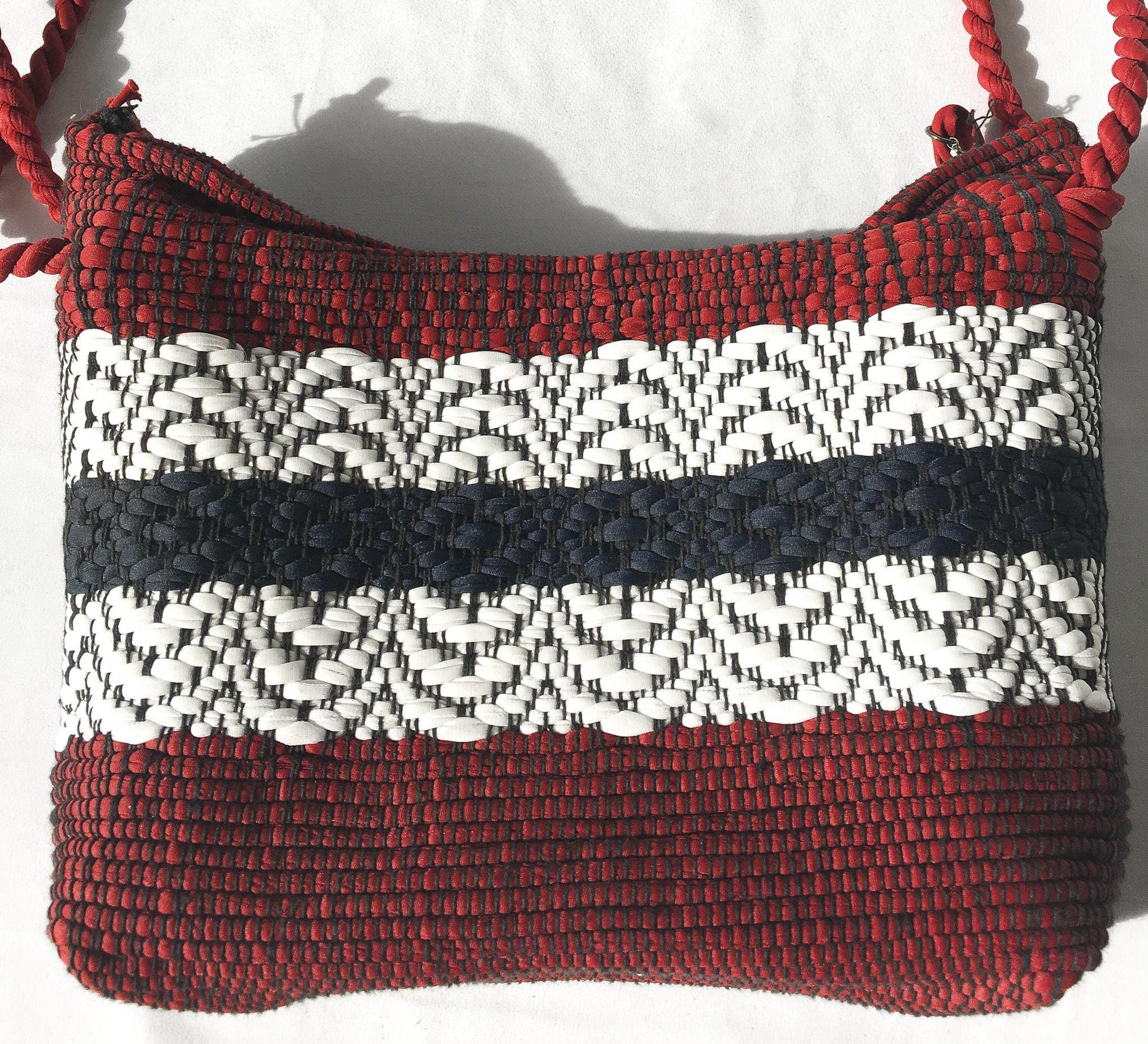 Vintage Handcrafted Red, White and Blue Crocheted Striped Tote Shoulder Bag