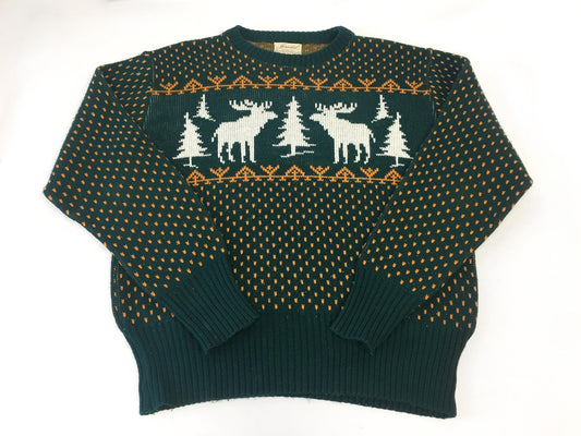 Vintage 60s Jersild Green and Gold Reindeer Fair Isle Sweater, Sz. L, Vintage Christmas Holiday Sweater