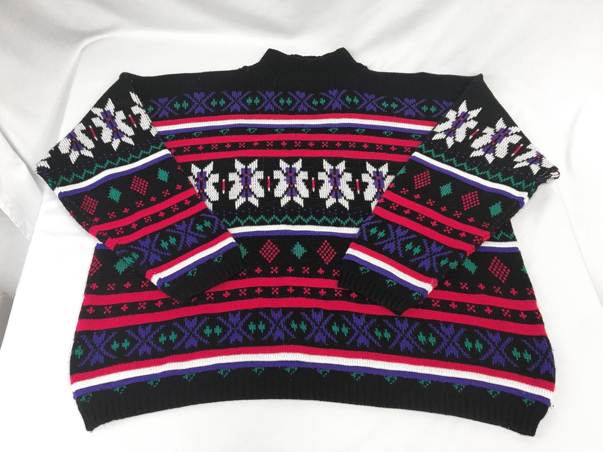 Vintage 80s Jordache Black and Pink Multicolor Fair Isle Print Mockneck Sweater, Women's Sz. M, Vintage Nordic Holiday Christmas Sweater