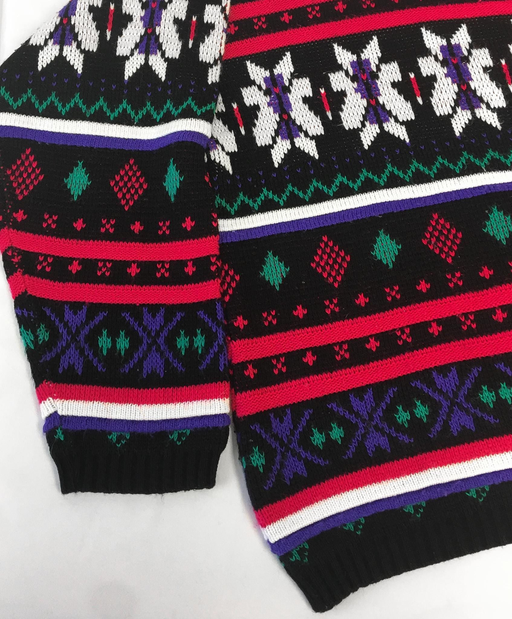 Vintage 80s Jordache Black and Pink Multicolor Fair Isle Print Mockneck Sweater, Women's Sz. M, Vintage Nordic Holiday Christmas Sweater