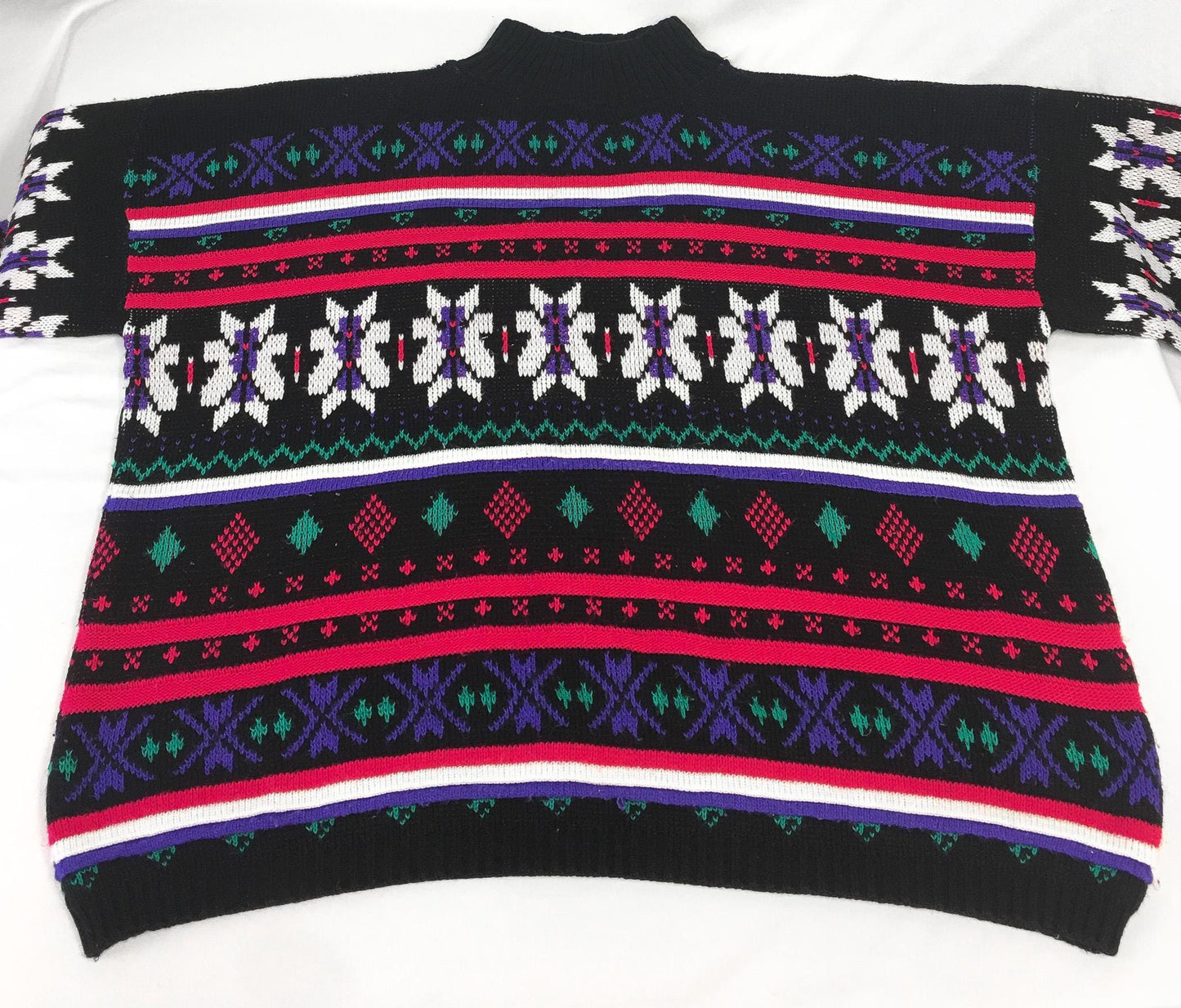 Vintage 80s Jordache Black and Pink Multicolor Fair Isle Print Mockneck Sweater, Women's Sz. M, Vintage Nordic Holiday Christmas Sweater