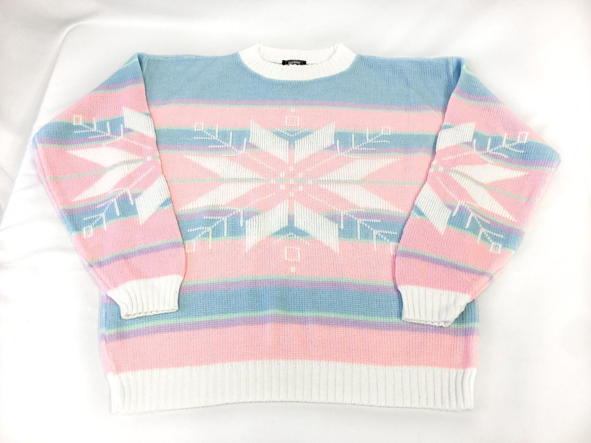 Vintage 80s Sweaters by Jolie Pastel Pink and Blue Snowflake Sweater, Women's Sz. M, Vintage Festive Holiday Christmas Sweater