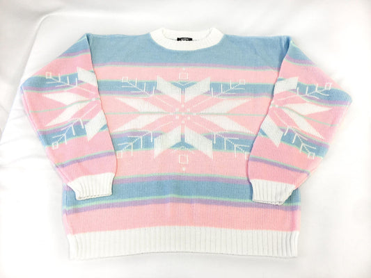 Vintage 80s Sweaters by Jolie Pastel Pink and Blue Snowflake Sweater, Women's Sz. M, Vintage Festive Holiday Christmas Sweater