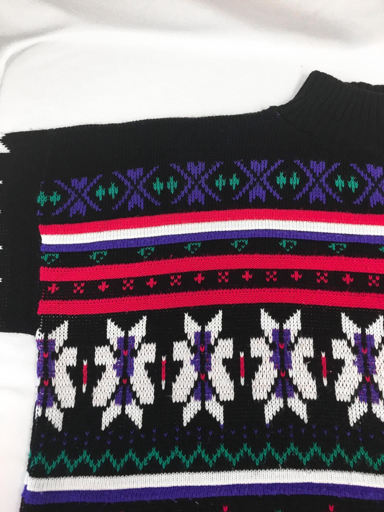 Vintage 80s Jordache Black and Pink Multicolor Fair Isle Print Mockneck Sweater, Women's Sz. M, Vintage Nordic Holiday Christmas Sweater