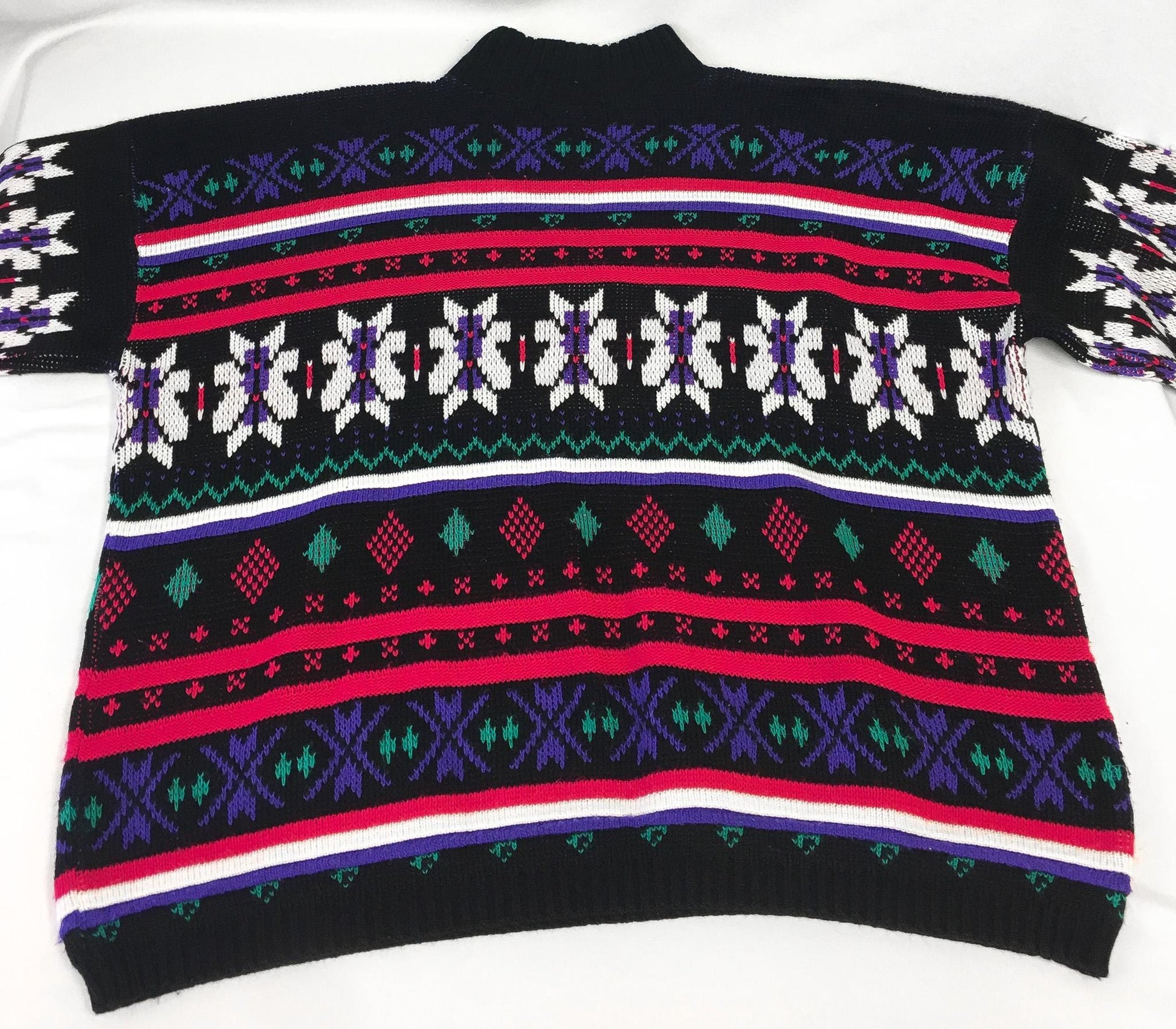 Vintage 80s Jordache Black and Pink Multicolor Fair Isle Print Mockneck Sweater, Women's Sz. M, Vintage Nordic Holiday Christmas Sweater