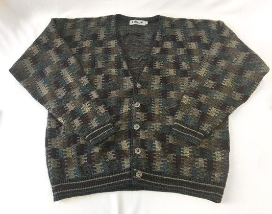 Vintage 90s Lavane Neutral Multicolor Abstract Patterned Cardigan Sweater, Sz. XL, Vintage Grandpa Sweater