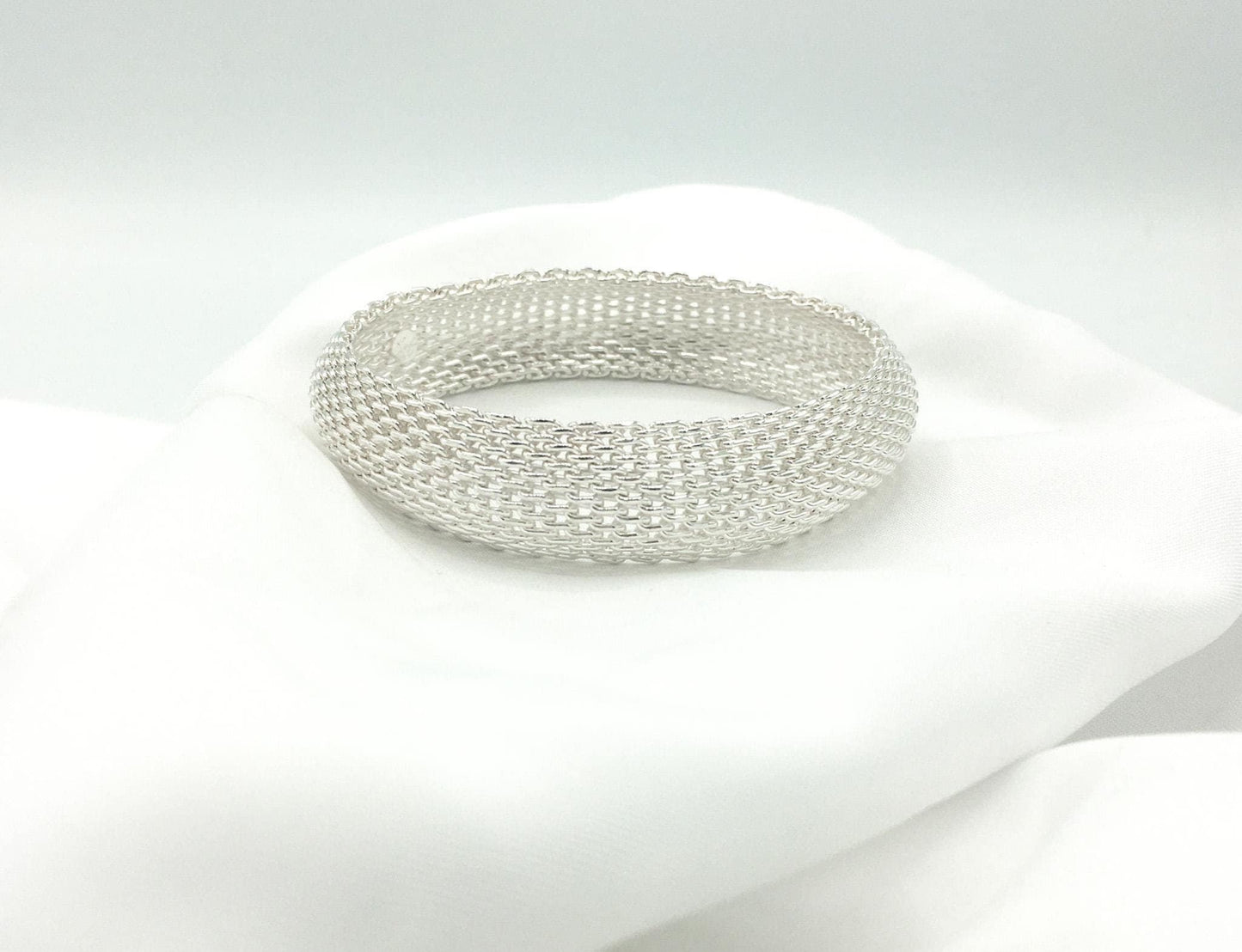 925 Sterling Silver Domed Mesh Bangle Bracelet, .5" Width, 6/5"-7" Circumference