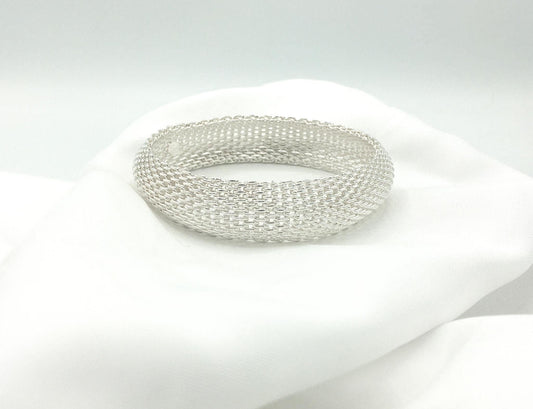 925 Sterling Silver Domed Mesh Bangle Bracelet, .5" Width, 6/5"-7" Circumference