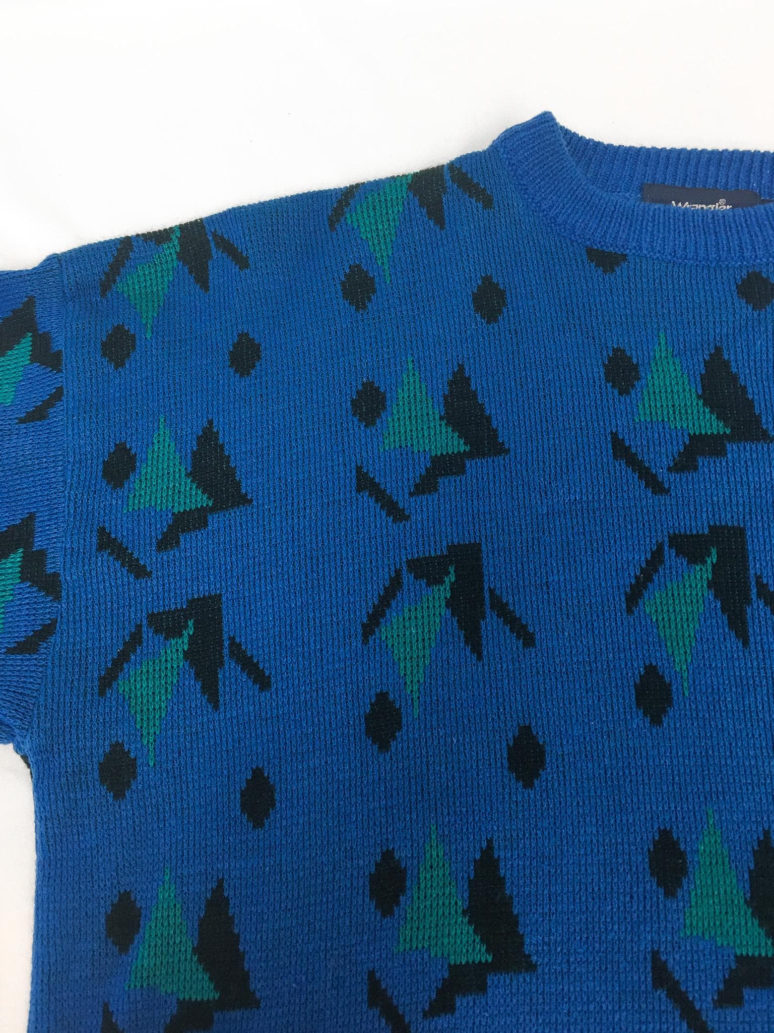 Vintage Wrangler Blue Abstract Geometric Print Sweater, Men's Sz. L, Vintage Grandpa Sweater