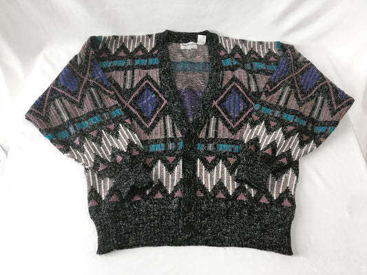 Vintage 90s Santana Gray Multicolor Abstract Print Button Cardigan, Sz. M, Vintage Grandpa Sweater