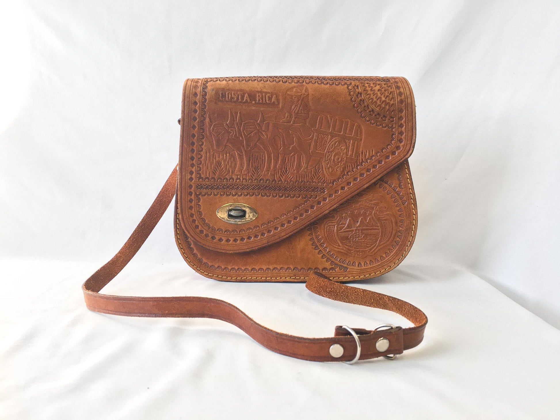 Vintage 70s Handcrafted Tooled Leather Engraved "Costa Rica" Symbols Crossbody Purse, Vintage Western Handbag