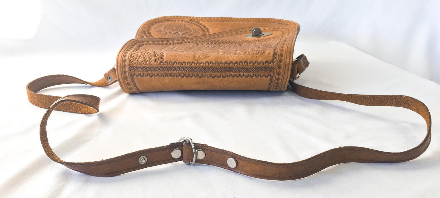 Vintage 70s Handcrafted Tooled Leather Engraved "Costa Rica" Symbols Crossbody Purse, Vintage Western Handbag