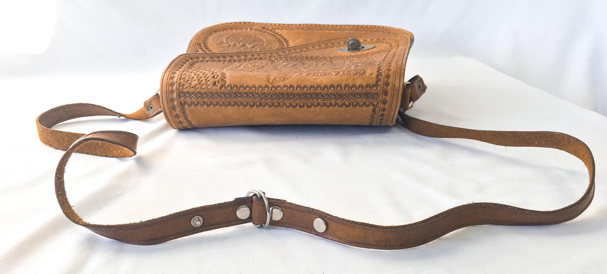 Vintage 70s Handcrafted Tooled Leather Engraved "Costa Rica" Symbols Crossbody Purse, Vintage Western Handbag