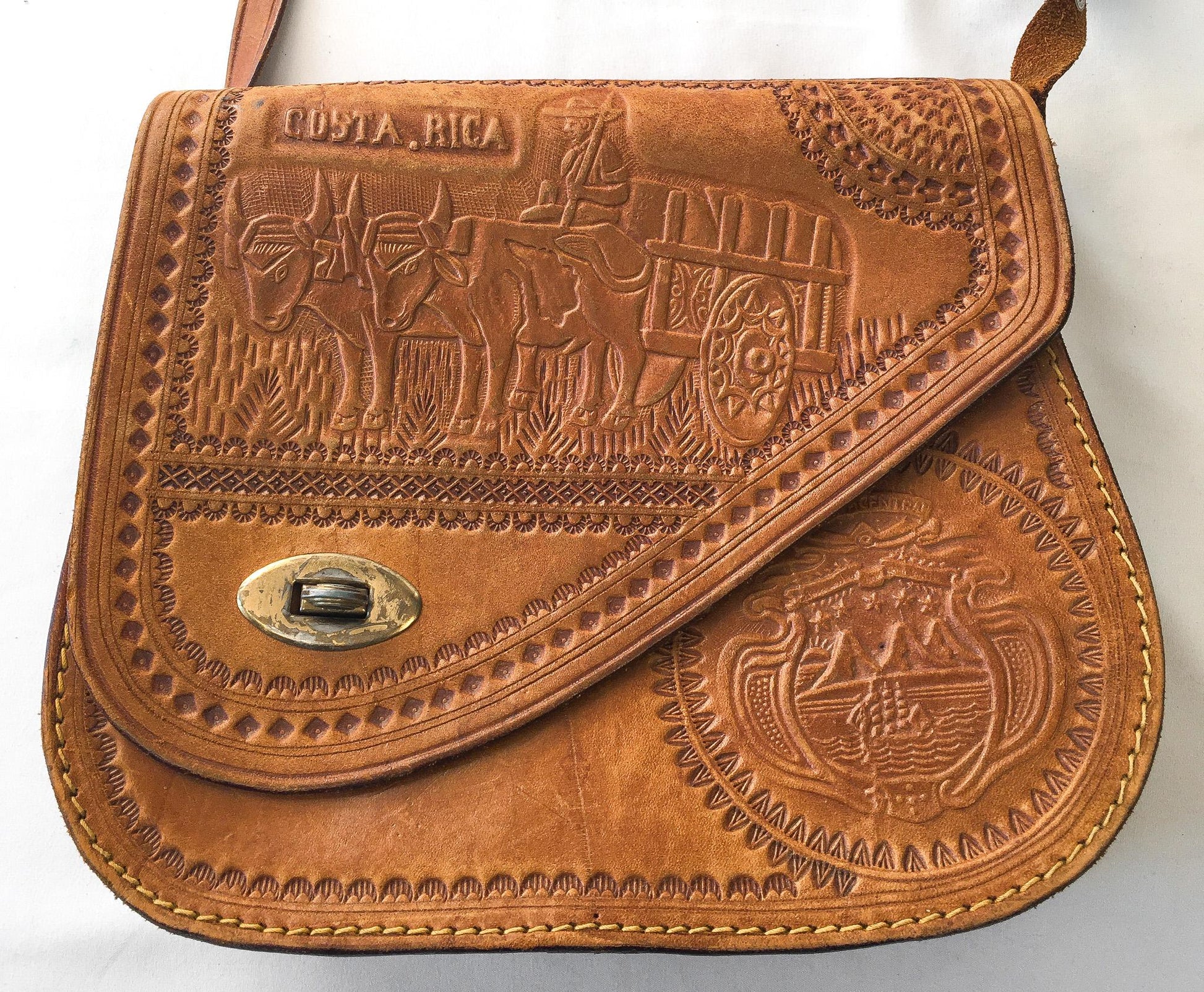 Vintage 70s Handcrafted Tooled Leather Engraved "Costa Rica" Symbols Crossbody Purse, Vintage Western Handbag