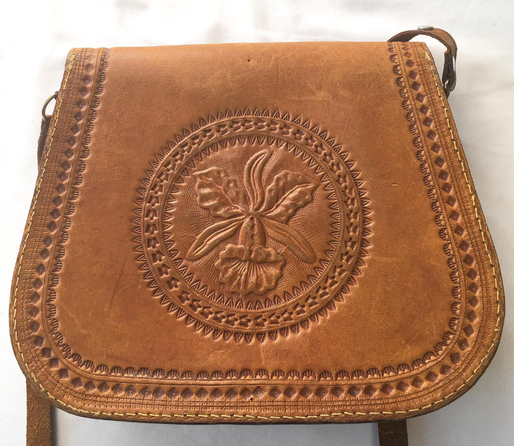 Vintage 70s Handcrafted Tooled Leather Engraved "Costa Rica" Symbols Crossbody Purse, Vintage Western Handbag