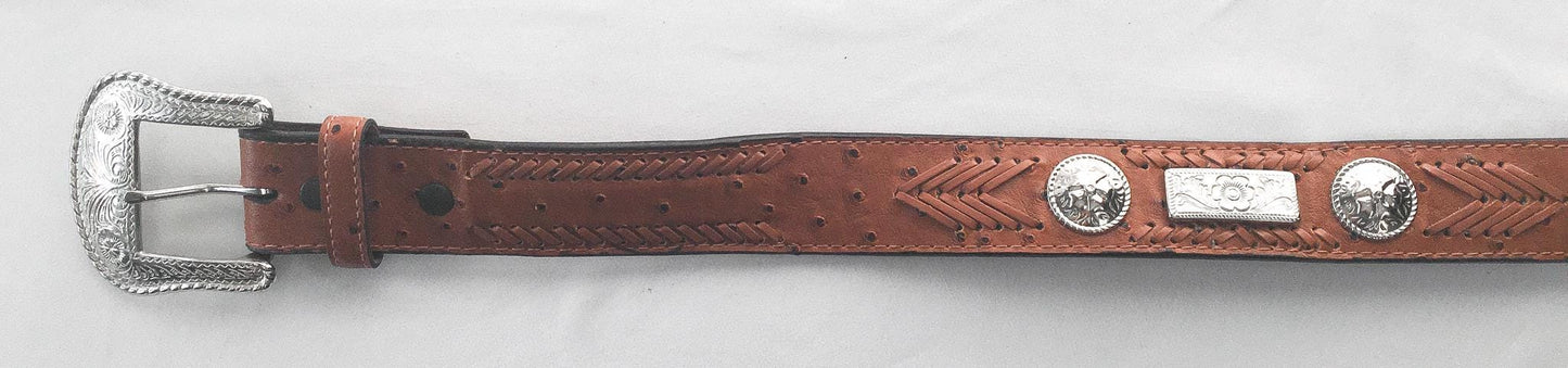 Vintage Ostrich Faux Leather Silver Toned Woven Concho Belt, Sz. 44, Vintage Western Belt