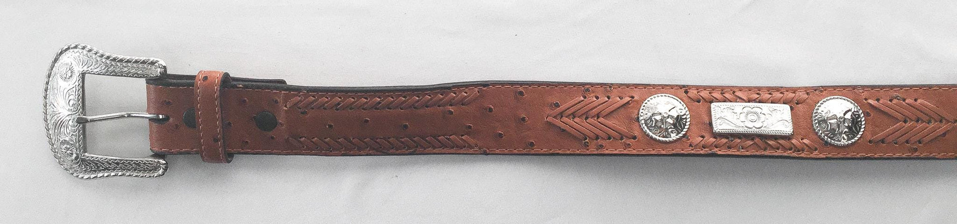 Vintage Ostrich Faux Leather Silver Toned Woven Concho Belt, Sz. 44, Vintage Western Belt