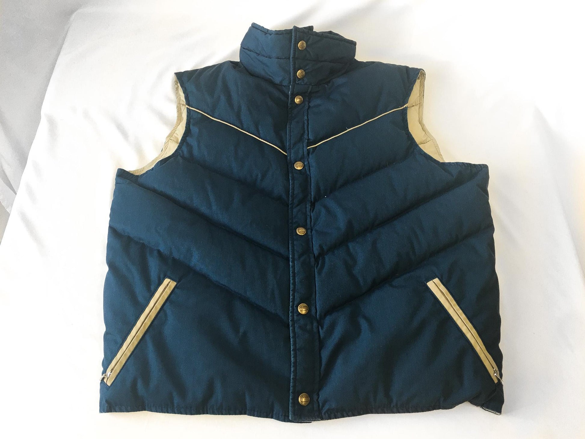 Vintage 80s Woolrich Navy Blue and Beige Down Puffer Vest, Women's Sz. L