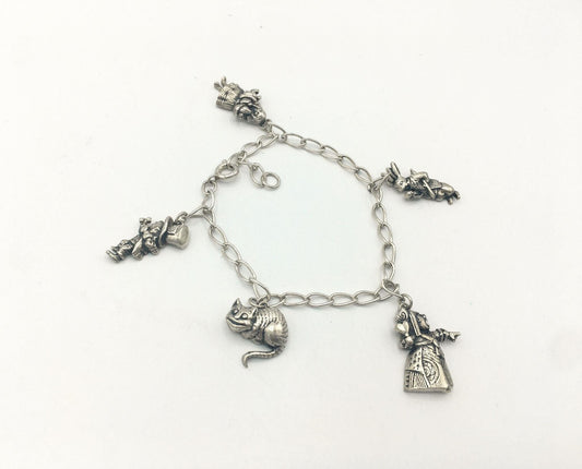 Vintage 1991 Alice in Wonderland Sterling Silver Character Charm Bracelet, 6", Vintage Disney Jewelry