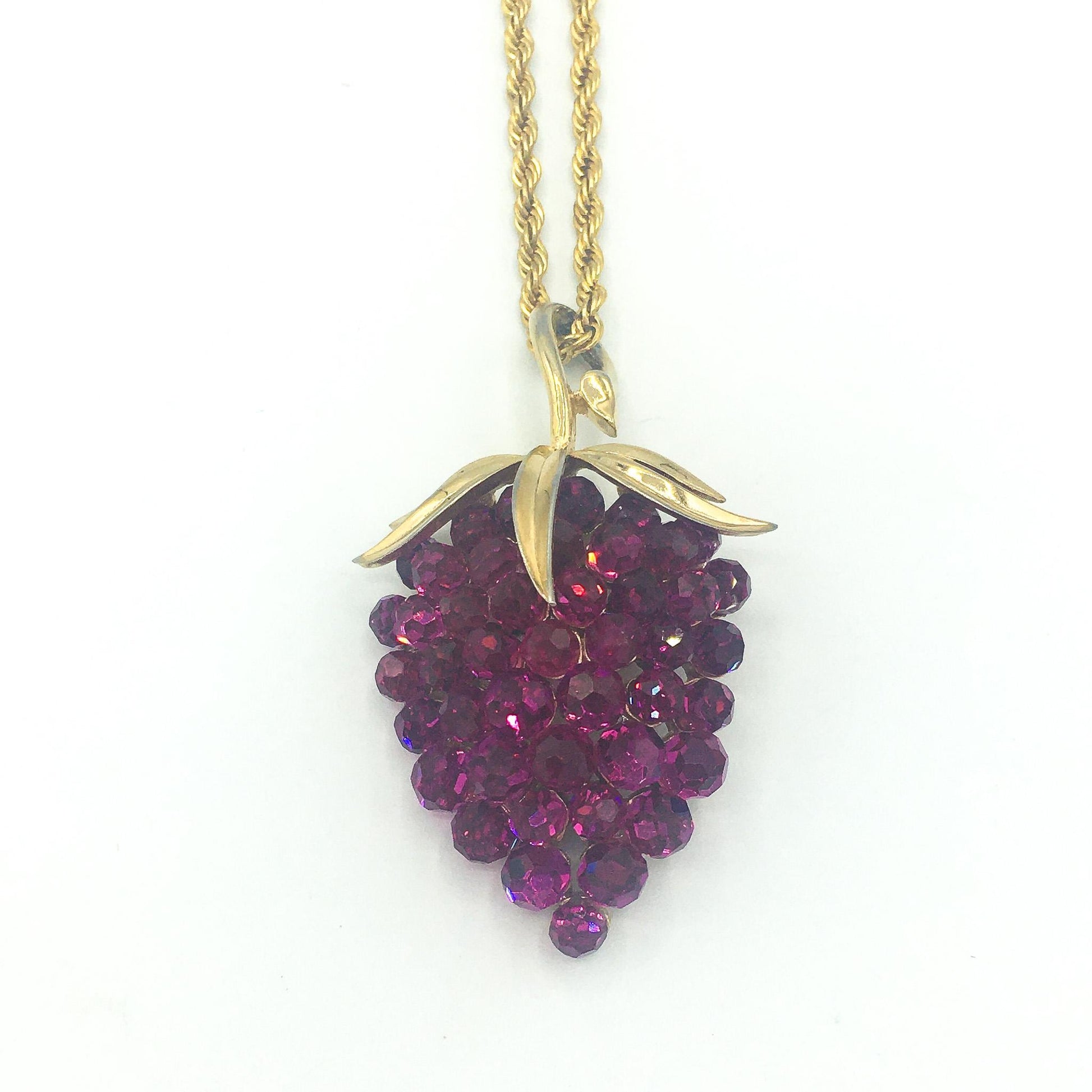 Vintage Trifari Briolette Fuschia Rhinestone Strawberry Necklace, 24" Chain, 2" Pendant