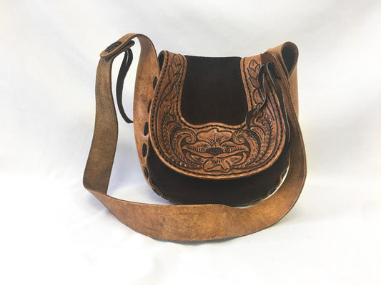 Vintage 70s Handcrafted Engraved Tooled Floral Leather Fringe Flap Crossbody Shoulder Bag, Vintage Western Handbag
