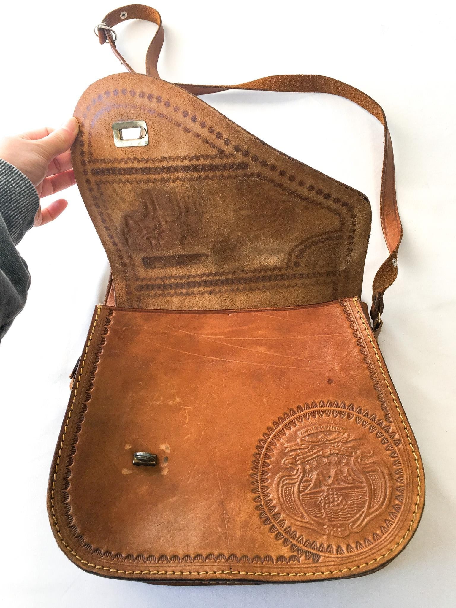 Vintage 70s Handcrafted Tooled Leather Engraved "Costa Rica" Symbols Crossbody Purse, Vintage Western Handbag