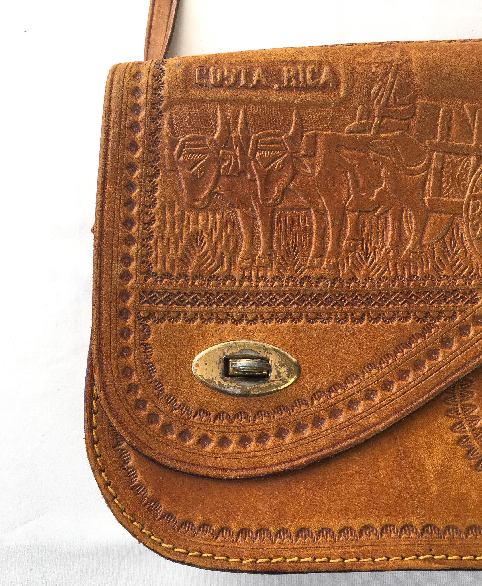 Vintage 70s Handcrafted Tooled Leather Engraved "Costa Rica" Symbols Crossbody Purse, Vintage Western Handbag
