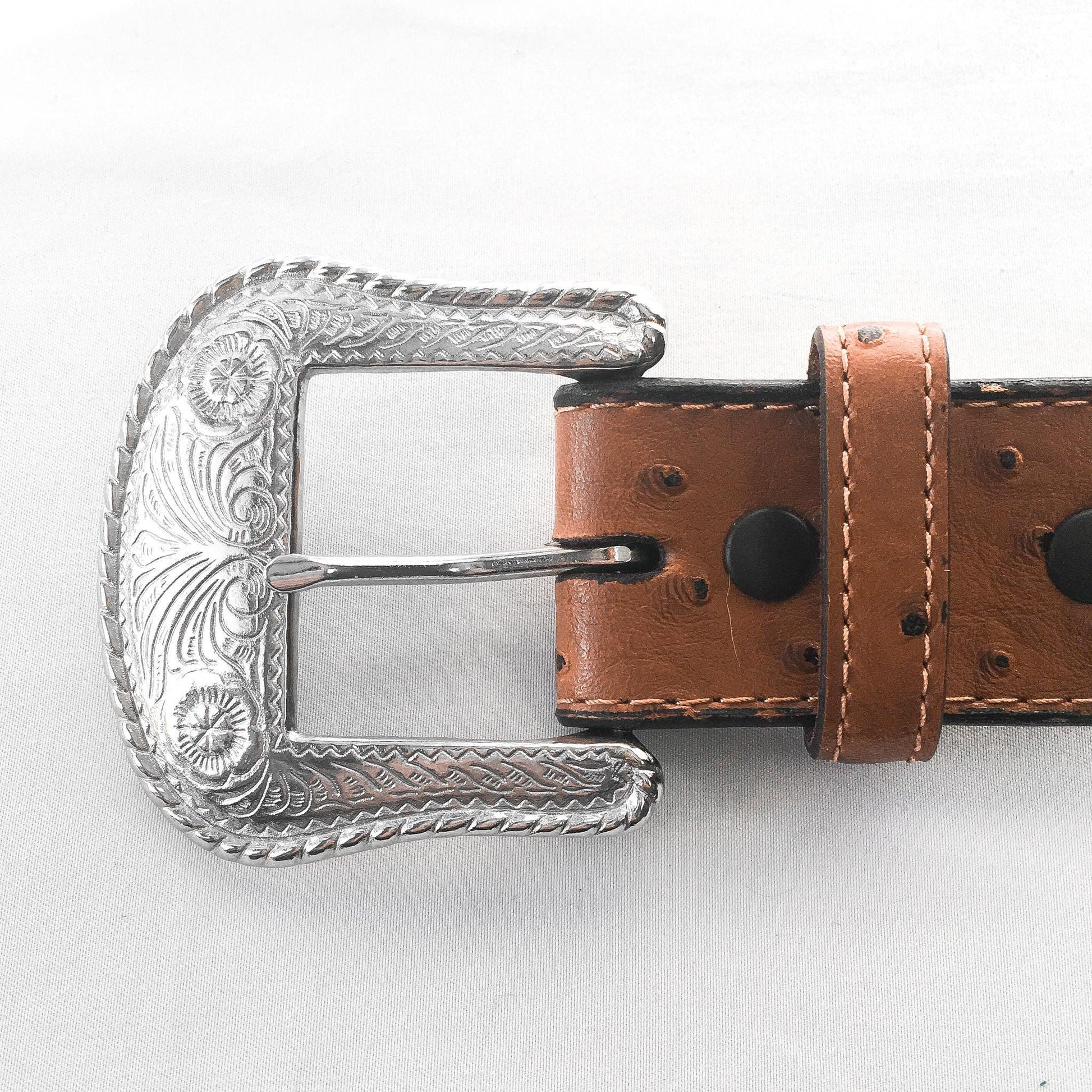 Vintage Ostrich Faux Leather Silver Toned Woven Concho Belt, Sz. 44, Vintage Western Belt