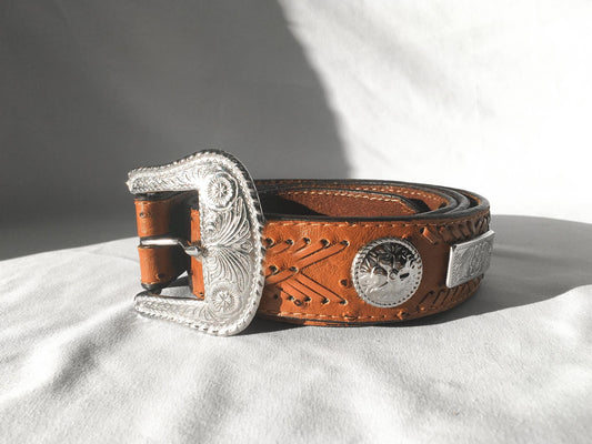Vintage Ostrich Faux Leather Silver Toned Woven Concho Belt, Sz. 44, Vintage Western Belt