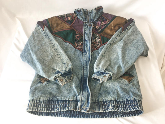 Vintage 90s Current Seen Floral Color-Block Patchwork Denim Bomber Jacket, Sz. M