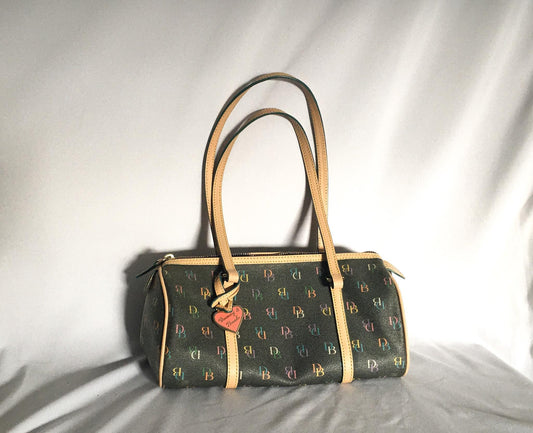 Vintage 00s Dooney and Bourke Gray Leather Rainbow Monogram Barrel Shoulder Bag, Y2K Dooney and Bourke Handbag