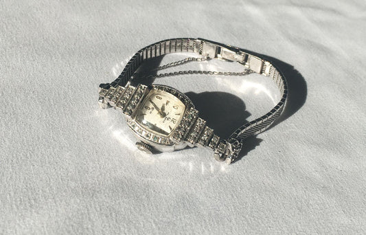Speidel 10K 1/20 Gold Filled Diamond & Glass Stone Bezel Stainless Steel Watch, 7", Not in Working Condition, Art Deco Cocktail Watch