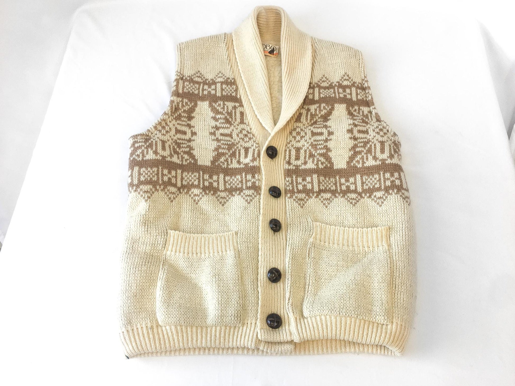 Vintage 70s Lobo by Pendleton Cream/Off-White Brown Navajo Patterned Wool Sherpa Lined Vest, Men's Sz. M, Vintage Western Vest