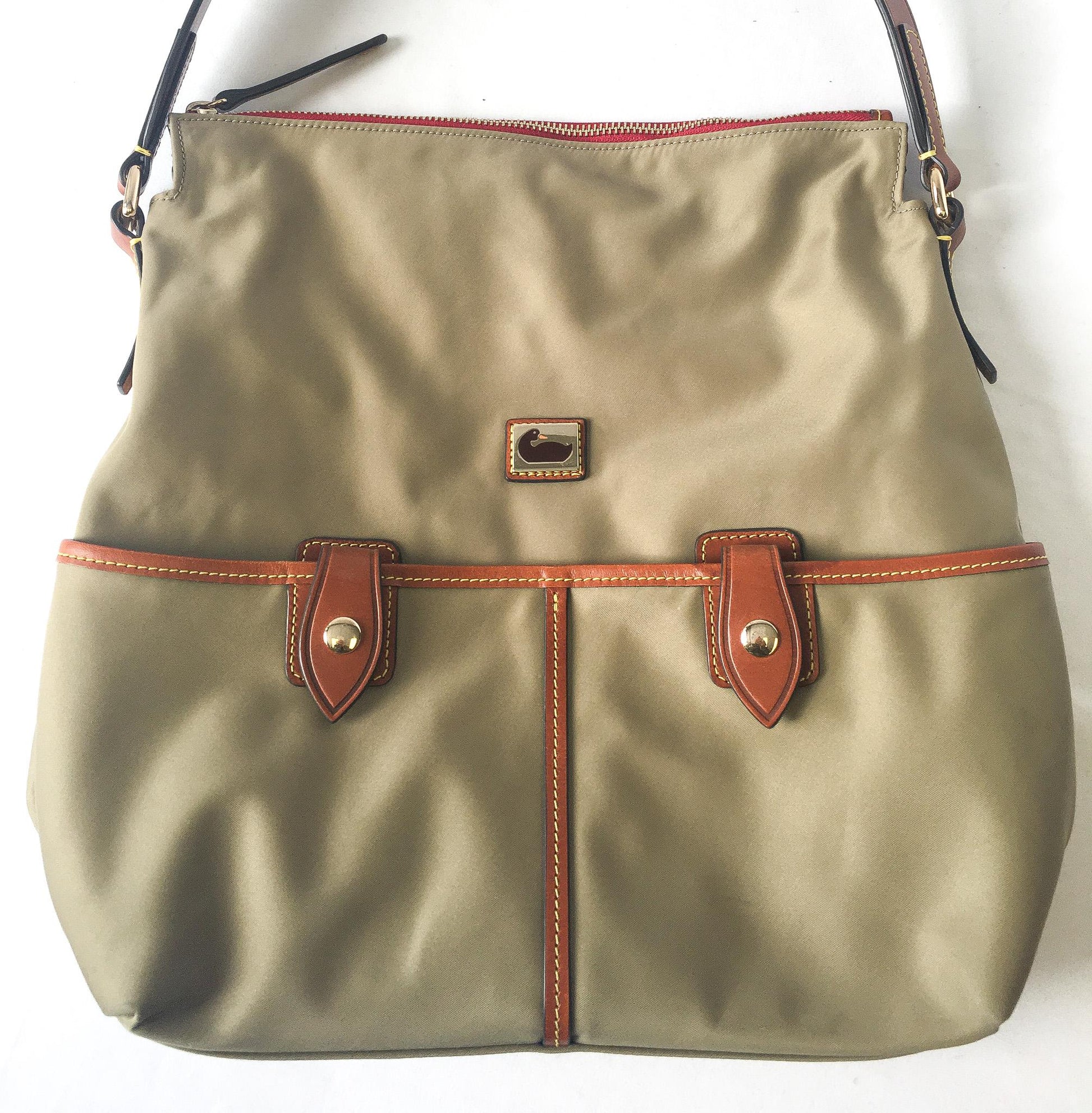 Vintage Inspired Dooney and Bourke Wayfarer Olive/Taupe/Khaki Nylon Sac Shoulder Bag Tote with Coin Pouch