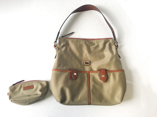 Vintage Inspired Dooney and Bourke Wayfarer Olive/Taupe/Khaki Nylon Sac Shoulder Bag Tote with Coin Pouch