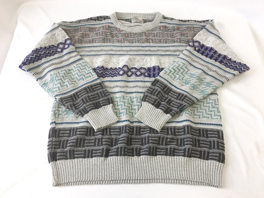 Vintage 90s Pronto-Uomo Gray Multicolor Geometric Abstract Print Sweater, Approx Men's Sz. L/XL, Vintage Grandpa 3D Coogi Style Sweater
