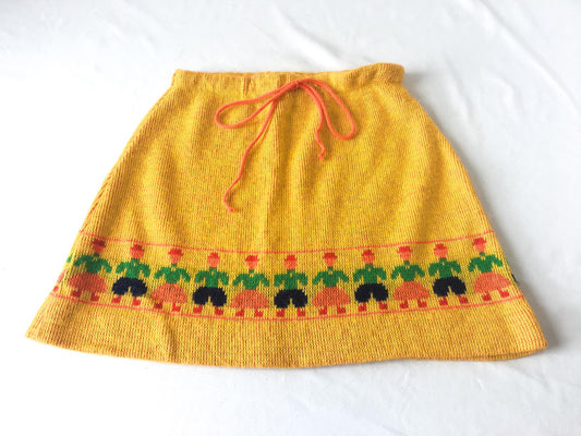 Vintage 70s Love Bug Yellow Child Patterned Tie Front Knit Skirt, 24" Waist
