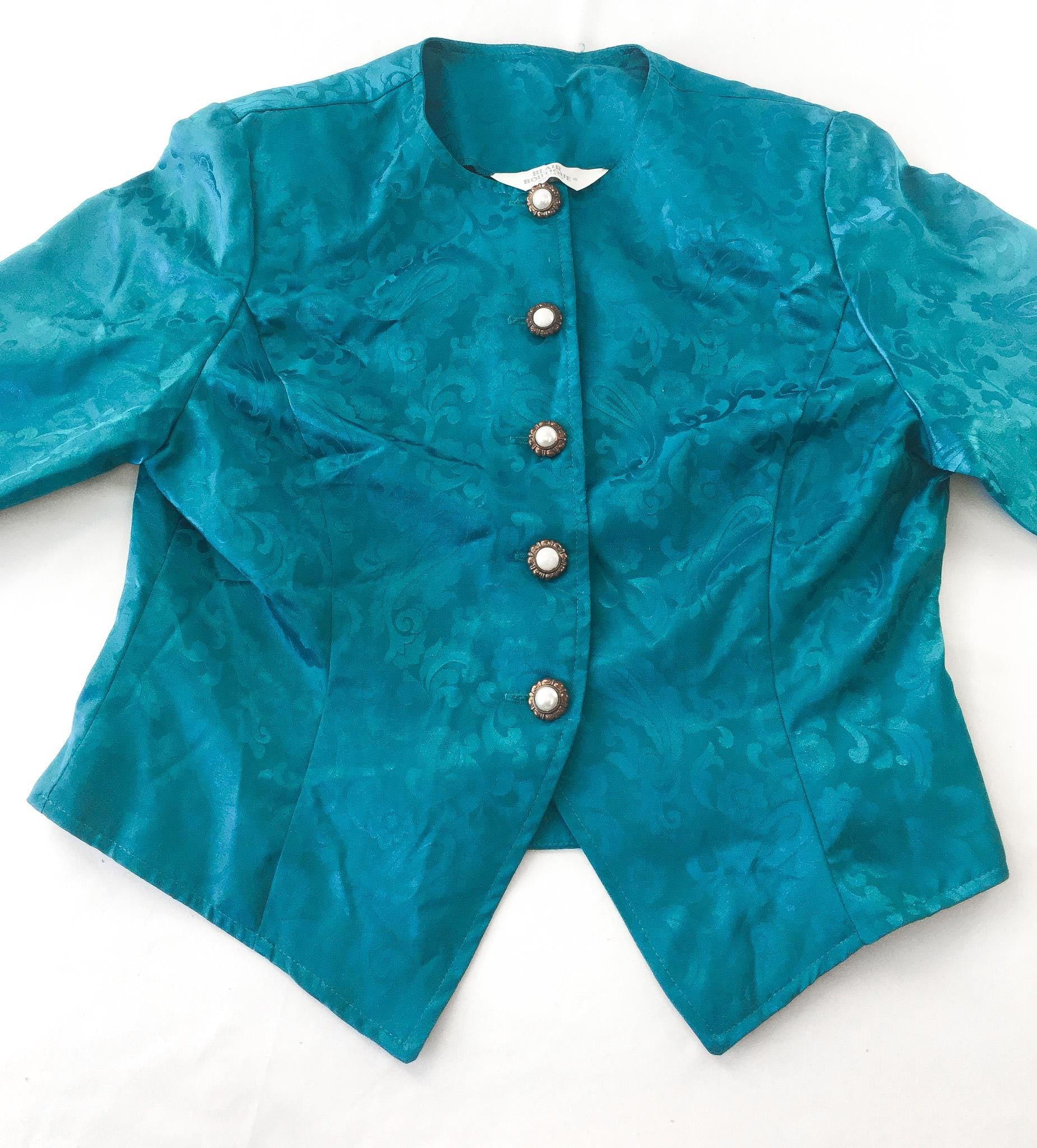 Vintage 80s Blair Boutique Teal Floral Paisley Print Pearl Button Blazer, Women's Sz. XS-S