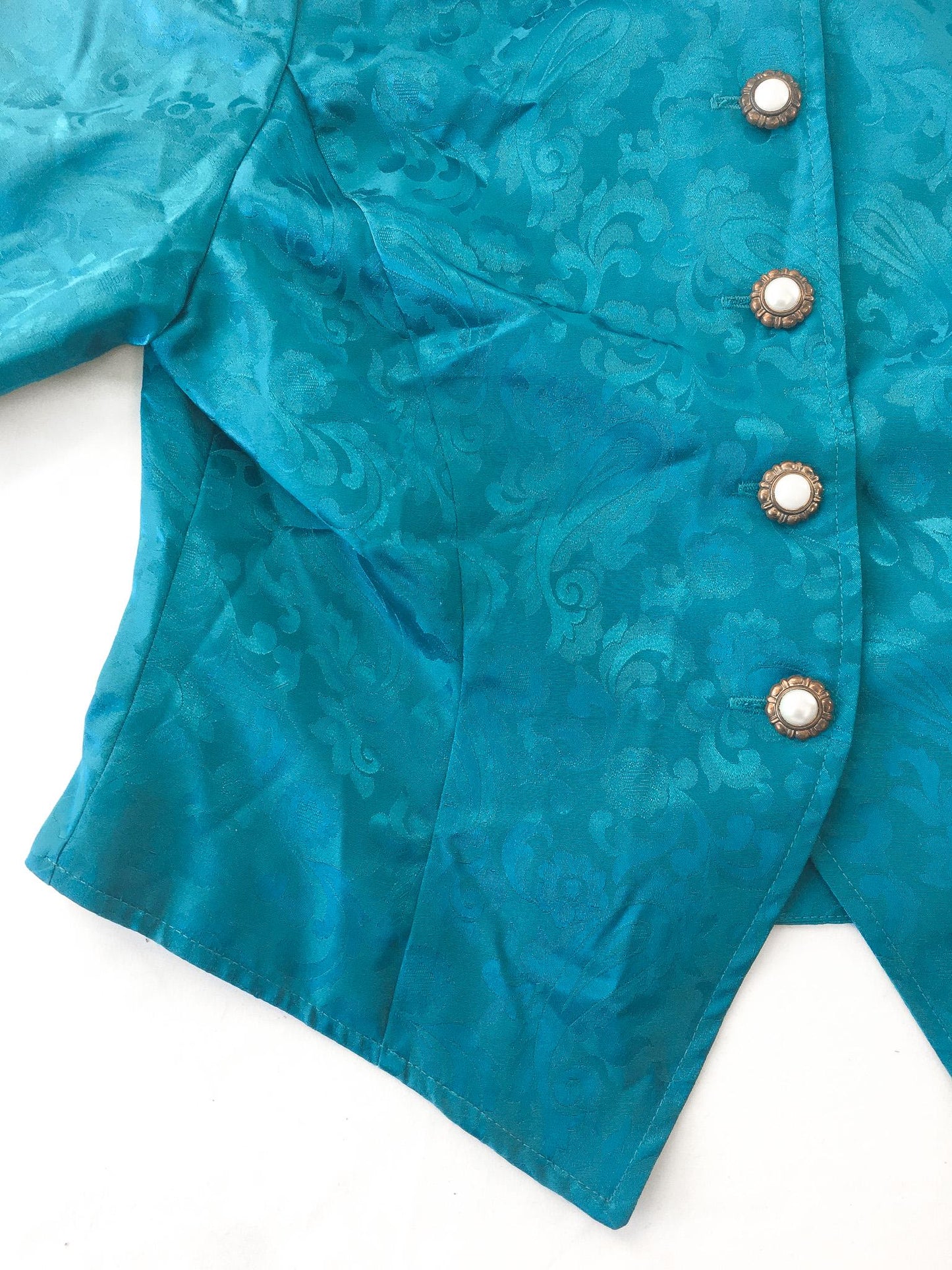 Vintage 80s Blair Boutique Teal Floral Paisley Print Pearl Button Blazer, Women's Sz. XS-S