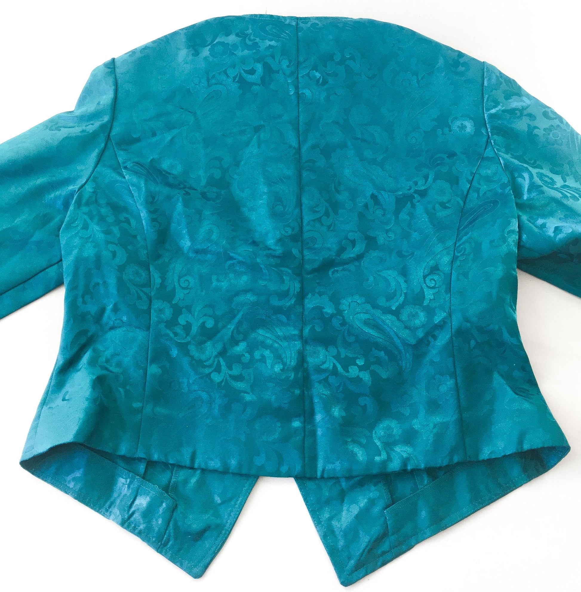 Vintage 80s Blair Boutique Teal Floral Paisley Print Pearl Button Blazer, Women's Sz. XS-S