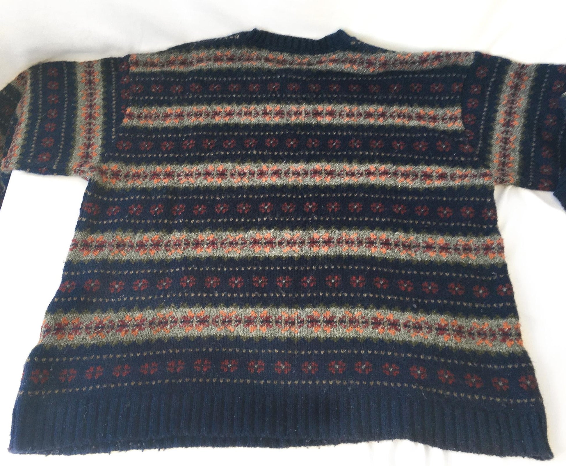 Vintage North Country Navy Striped Fair Isle Wool Mohair Blend Sweater, Men's Sz. 46/XL, Vintage Nordic Sweater