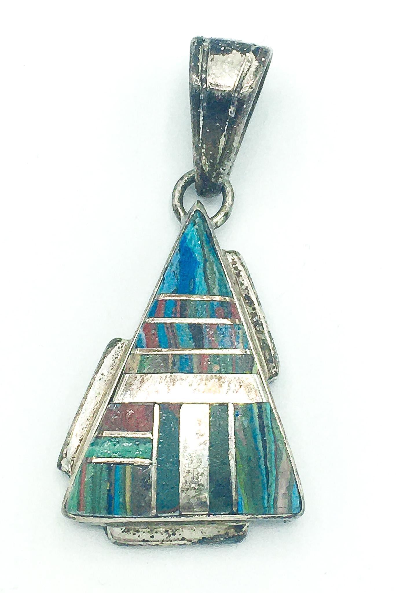 Vintage Alfred Martinez Navajo Multicolor Triangle Sterling Silver Pendant, Vintage Navajo Jewelry