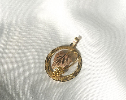 Vintage 10K/12K RCG Black Hills Gold Circular Grape Leaf Pendant, Vintage Black Hills Gold Jewelry