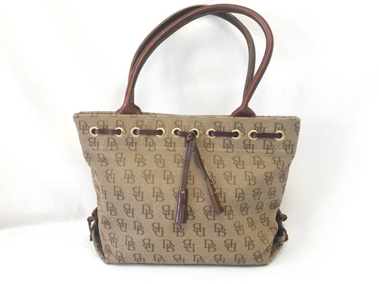 Vintage 90s Dooney and Bourke Beige Monogram Canvas Tassel Shoulder Bag