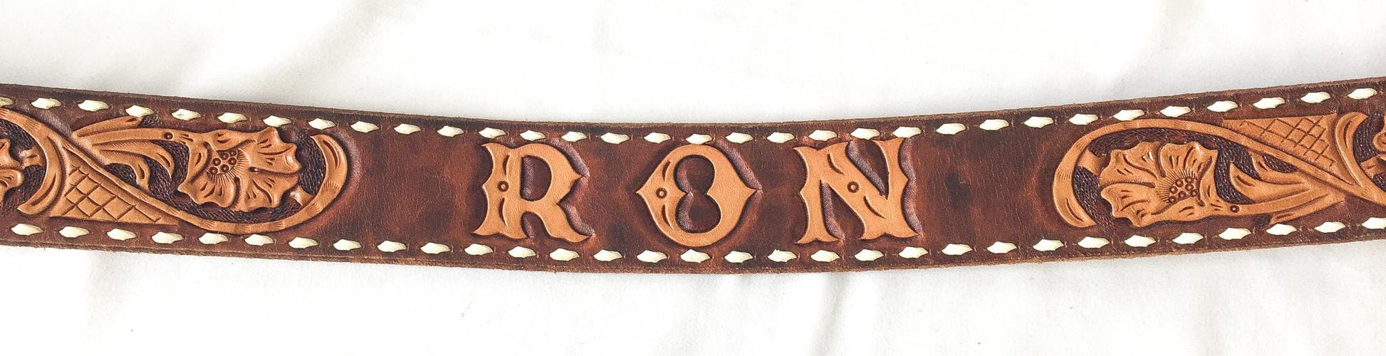 Vintage J2 Rancher "Ron" Name Tooled Floral Leather Belt with Comstock Horse Rider Buckle, Sz. 33"-36", Vintage Western Belt