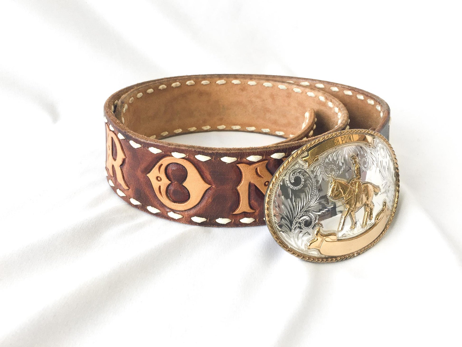 Vintage J2 Rancher "Ron" Name Tooled Floral Leather Belt with Comstock Horse Rider Buckle, Sz. 33"-36", Vintage Western Belt