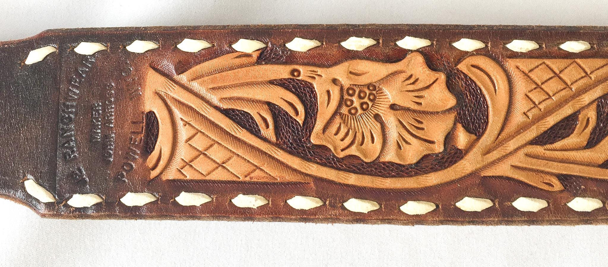Vintage J2 Rancher "Ron" Name Tooled Floral Leather Belt with Comstock Horse Rider Buckle, Sz. 33"-36", Vintage Western Belt
