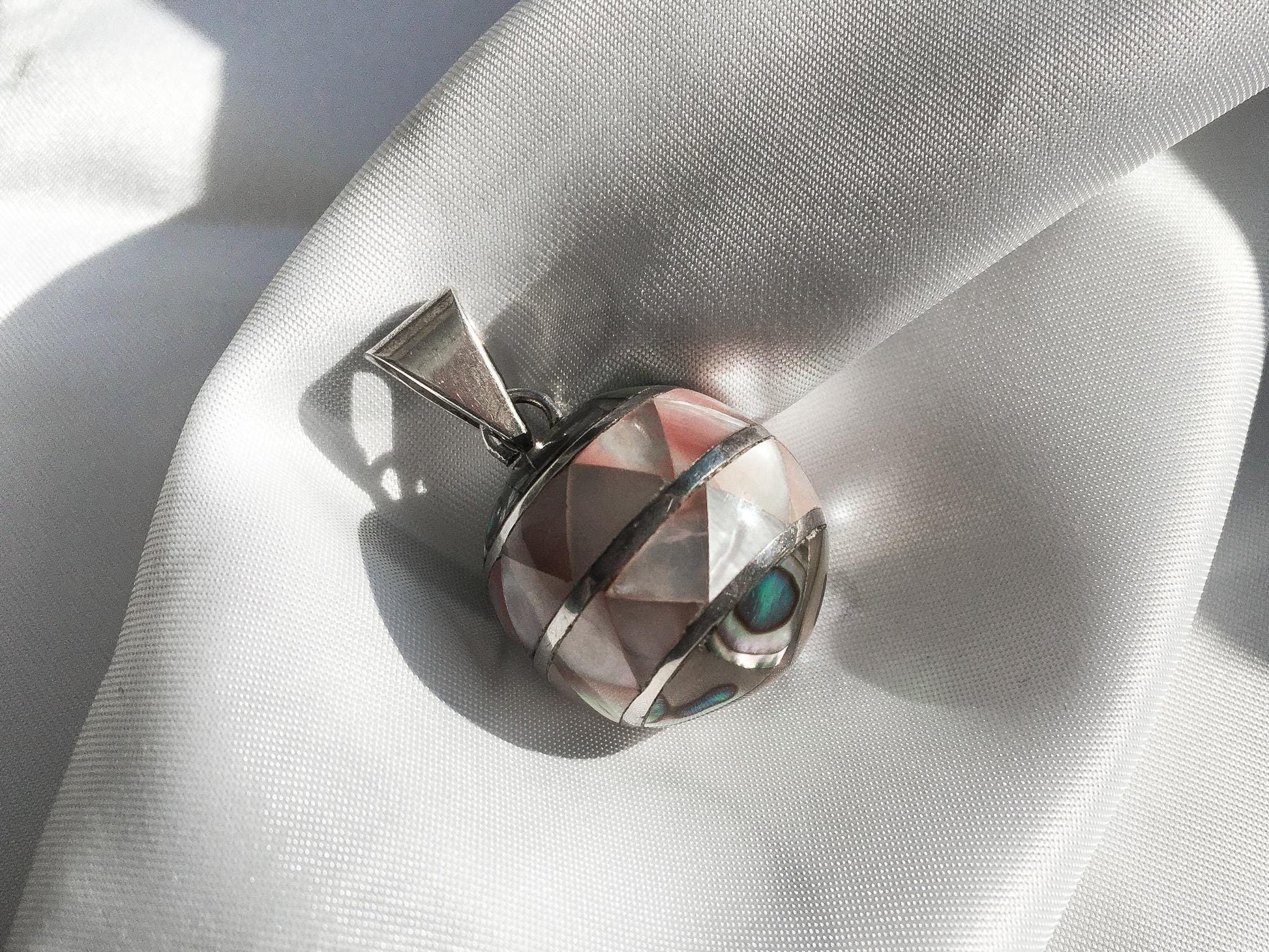 Vintage JRI 925 Mother of Pearl Abalone Chime Bell Sphere Pendant, Unique Coastal Boho Style Jewelry