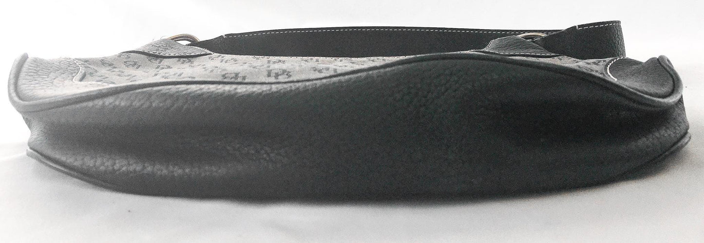 00s Dooney and Bourke Black/Gray Monogram Canvas Leather Trim Hobo Shoulder Bag, Y2K Dooney and Bourke Handbag