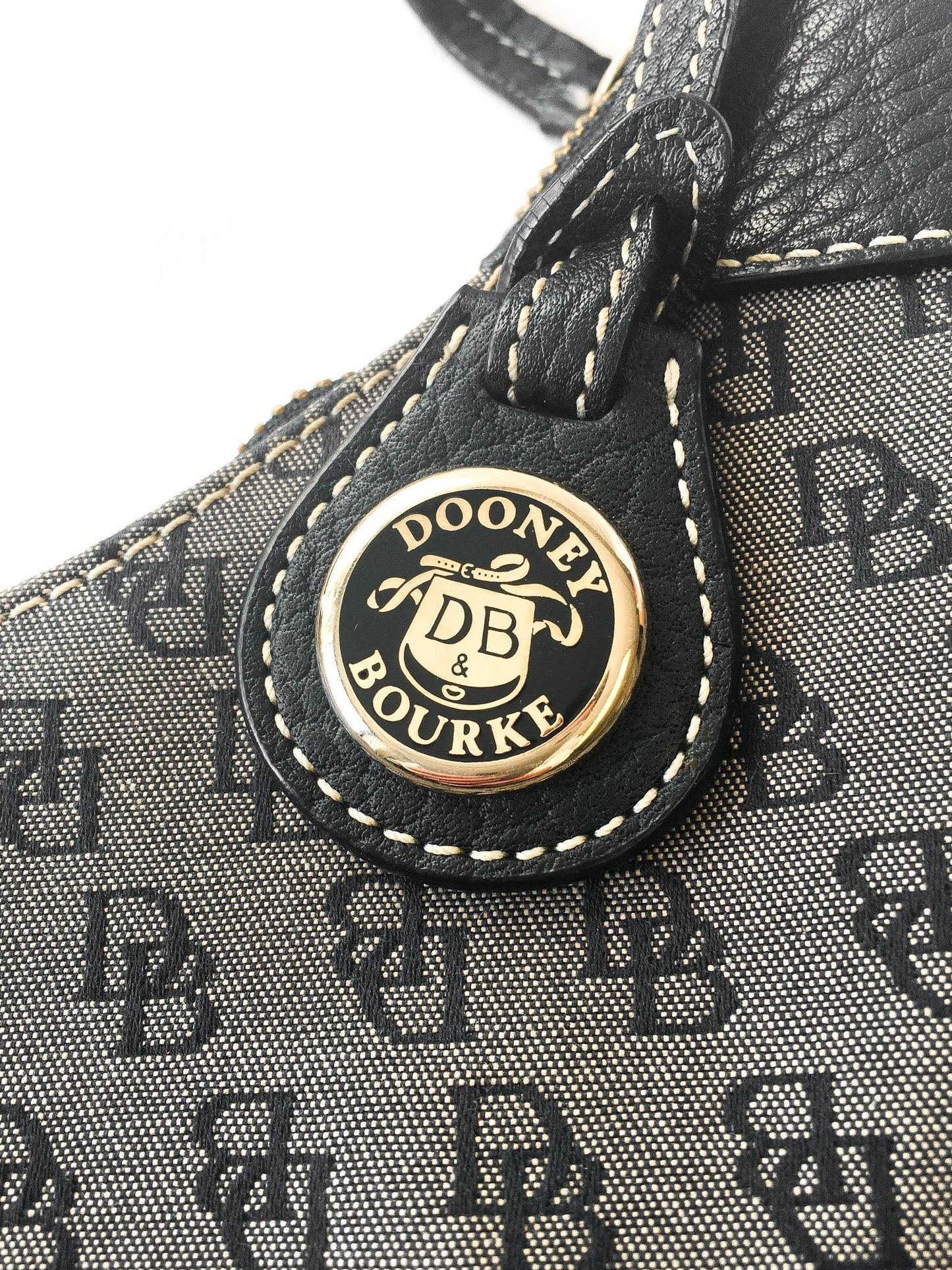 00s Dooney and Bourke Black/Gray Monogram Canvas Leather Trim Hobo Shoulder Bag, Y2K Dooney and Bourke Handbag